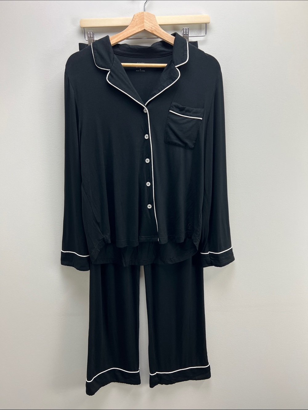 Cozy Earth Bamboo Stretch Knit Long Sleeve PJ Set Black White Womens Small Soft